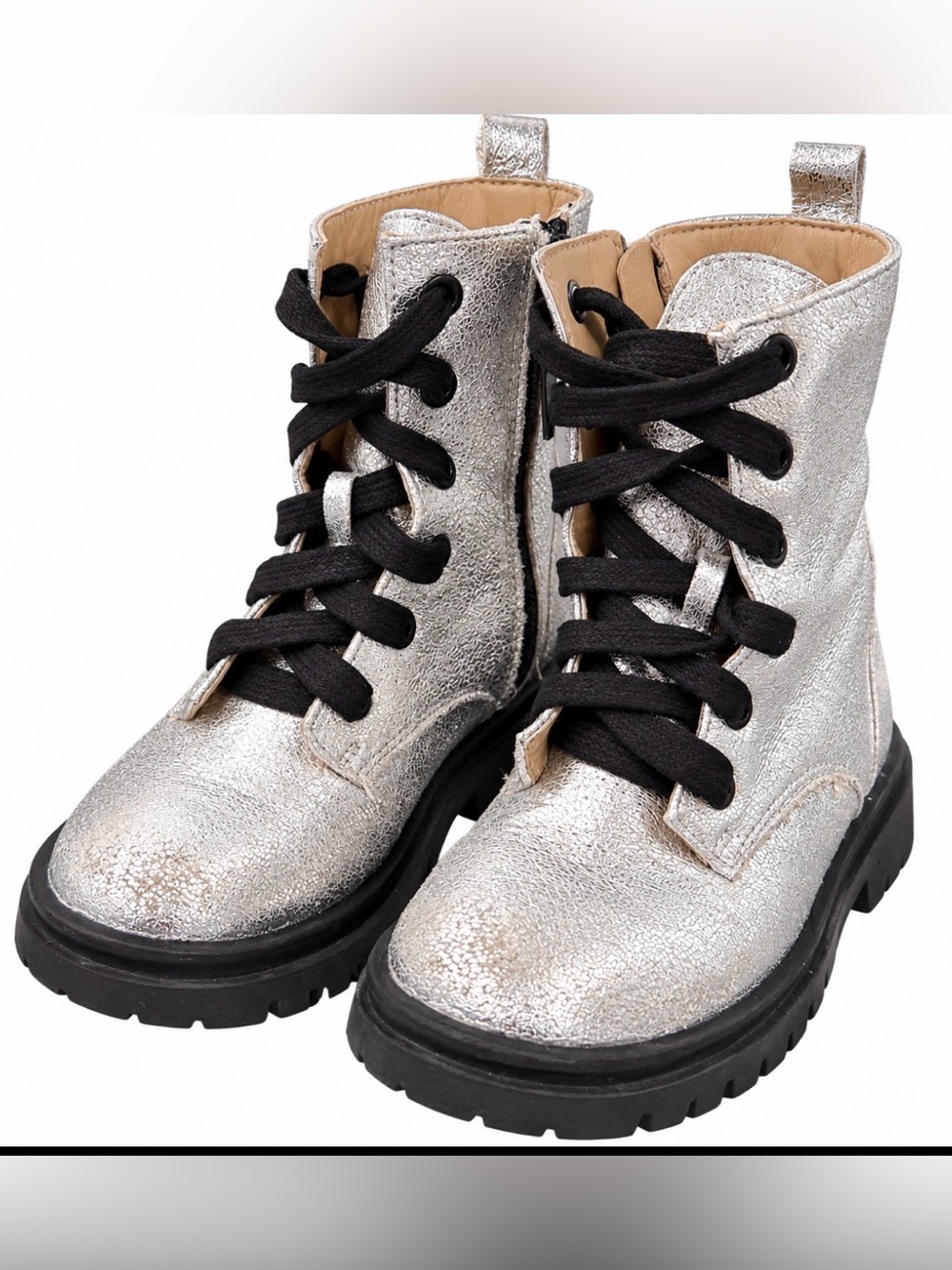 Cotton On Kids Metallic Silver Combat Boots with Black Laces